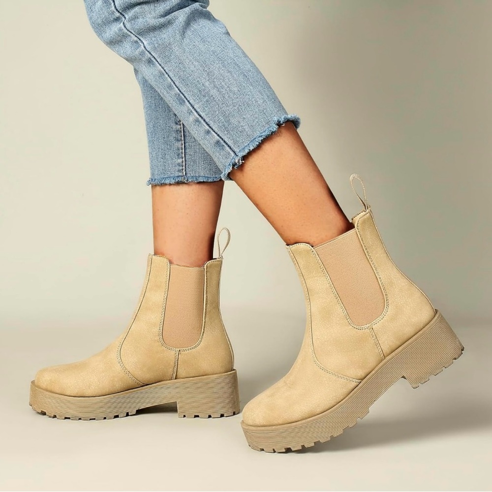 New MUSSHOE Chelsea Chunky Heel Hiking Boots Womens Platform Combat Boot, Beige